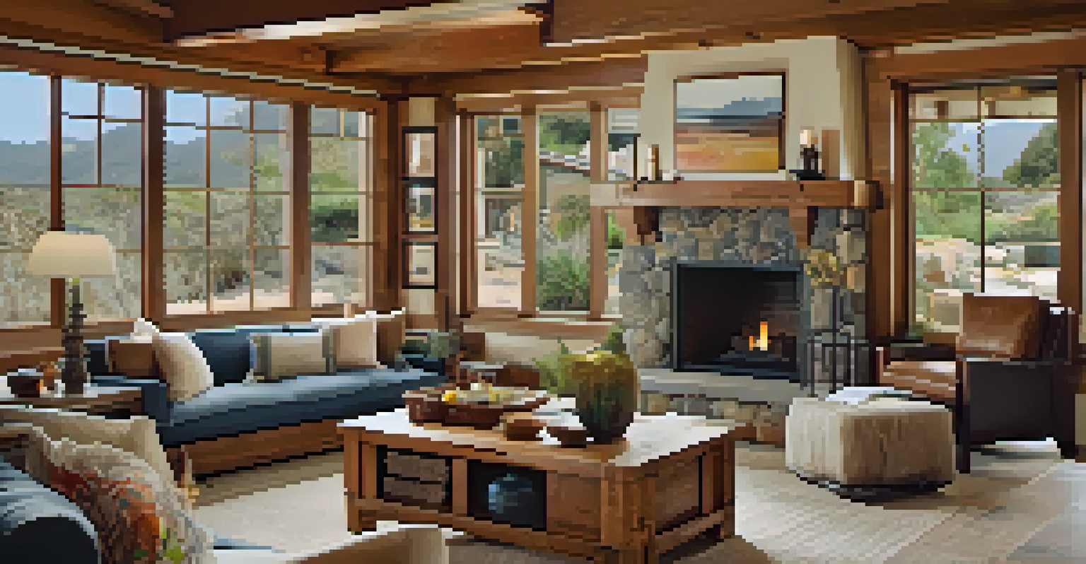 Interior of a Craftsman home in Malibu with an open floor plan, wooden beams, and a cozy living area filled with natural light.