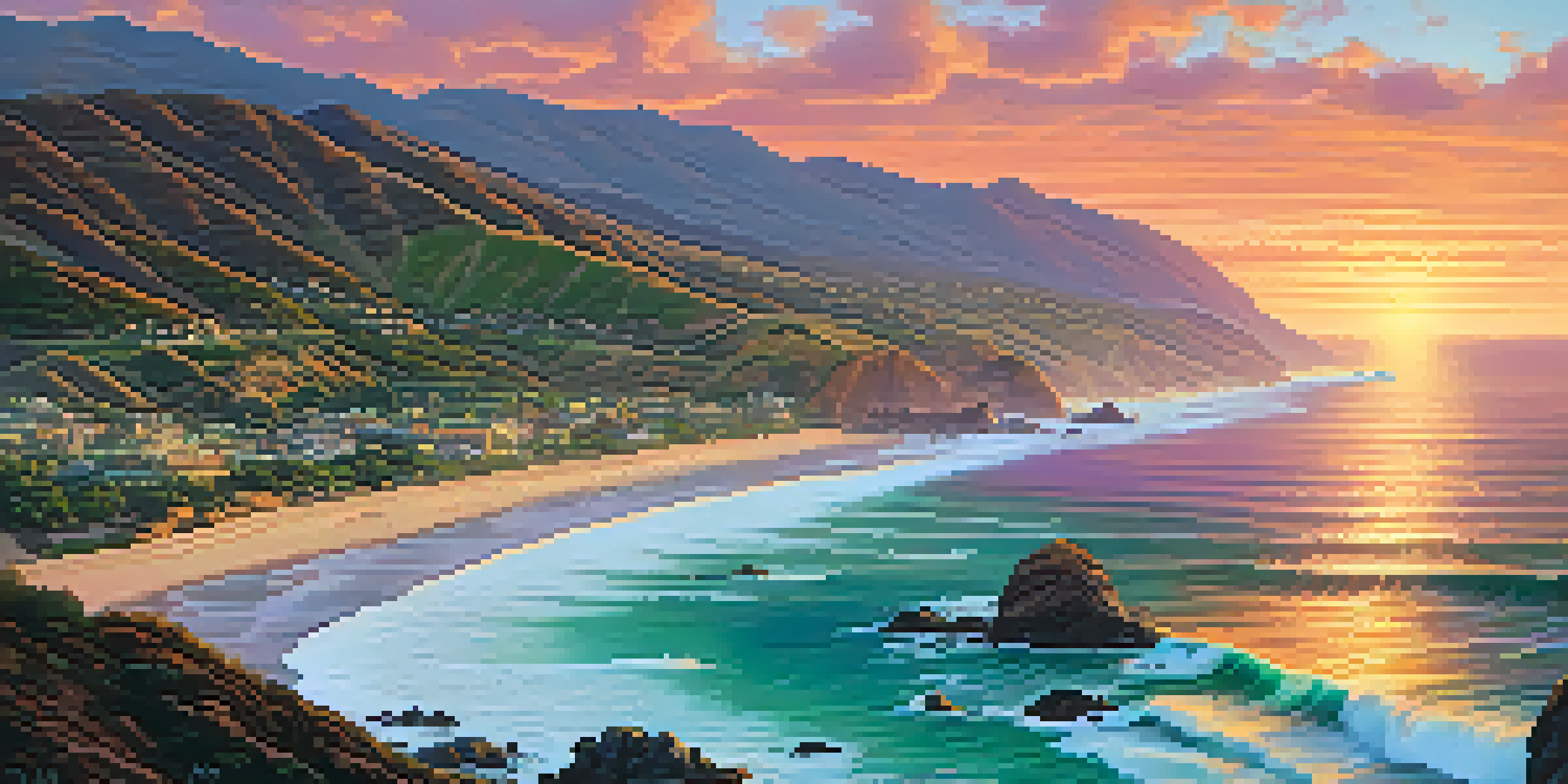 A sunset view of Malibu's coastline with residents practicing a wildfire drill, surrounded by lush vegetation and cliffs.