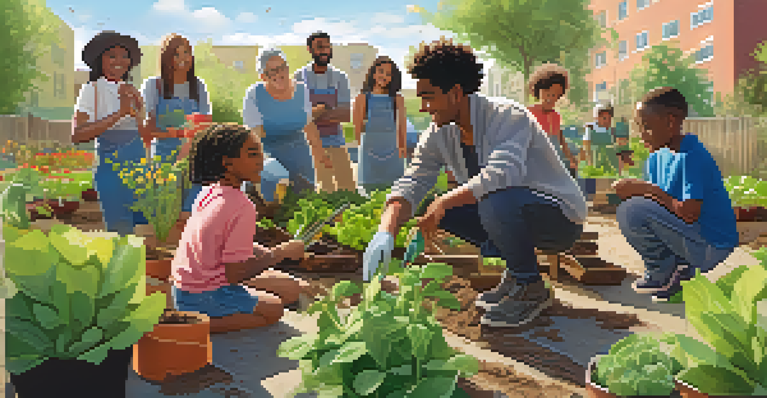 A community gardening workshop with adults and children learning about planting techniques in a vibrant garden under sunlight.