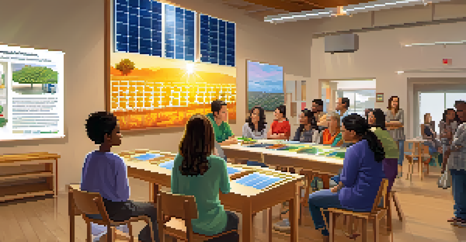 A community workshop in Malibu with residents learning about solar energy, featuring models and posters about solar technology.