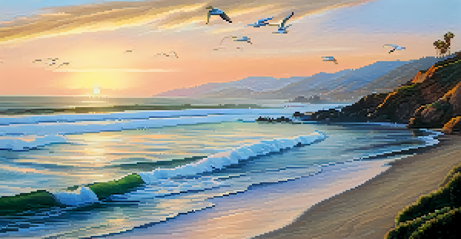 Artists painting the ocean view at sunrise on a Malibu beach, with soft pastel colors in the sky and gentle waves.