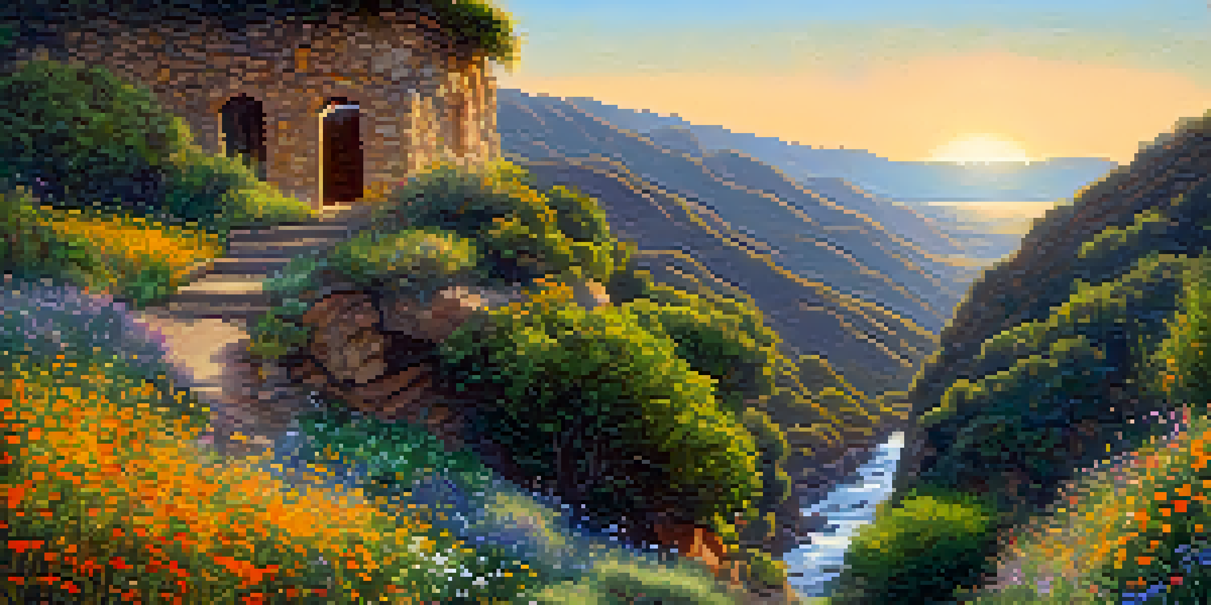A scenic view of Solstice Canyon Trail in Malibu with wildflowers, a waterfall, and historic ruins bathed in golden sunlight.