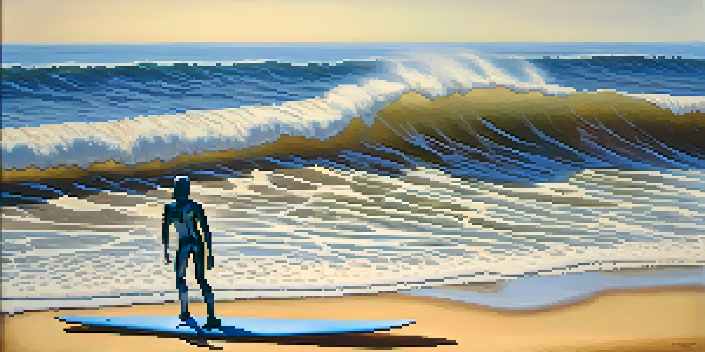 A coastal view featuring the 'Malibu Surfer' sculpture with crashing waves and a sunny beach.