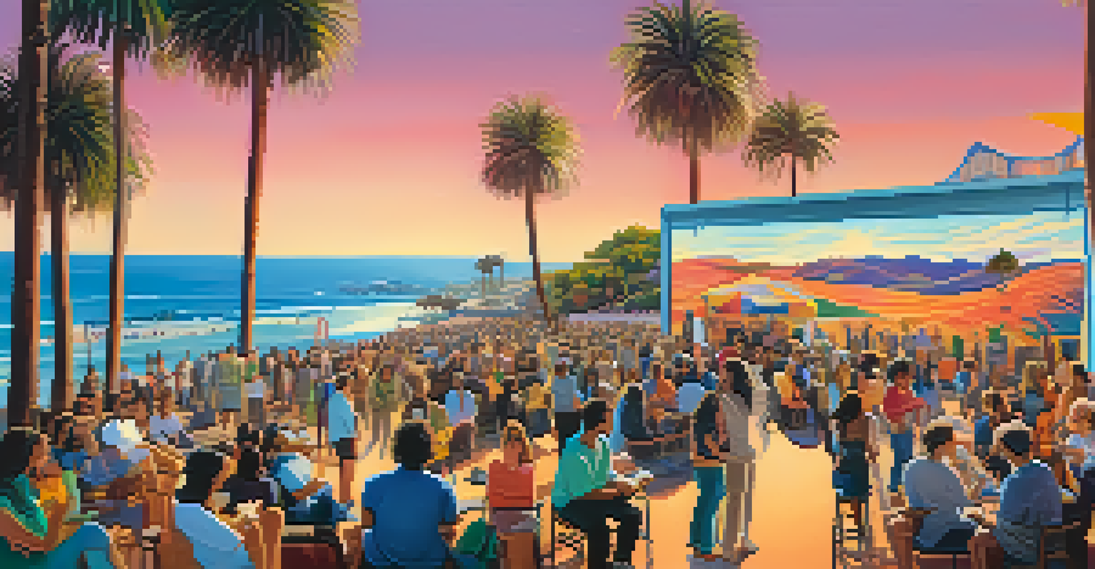 A lively film festival in Malibu with people and colorful banners in an outdoor setting.