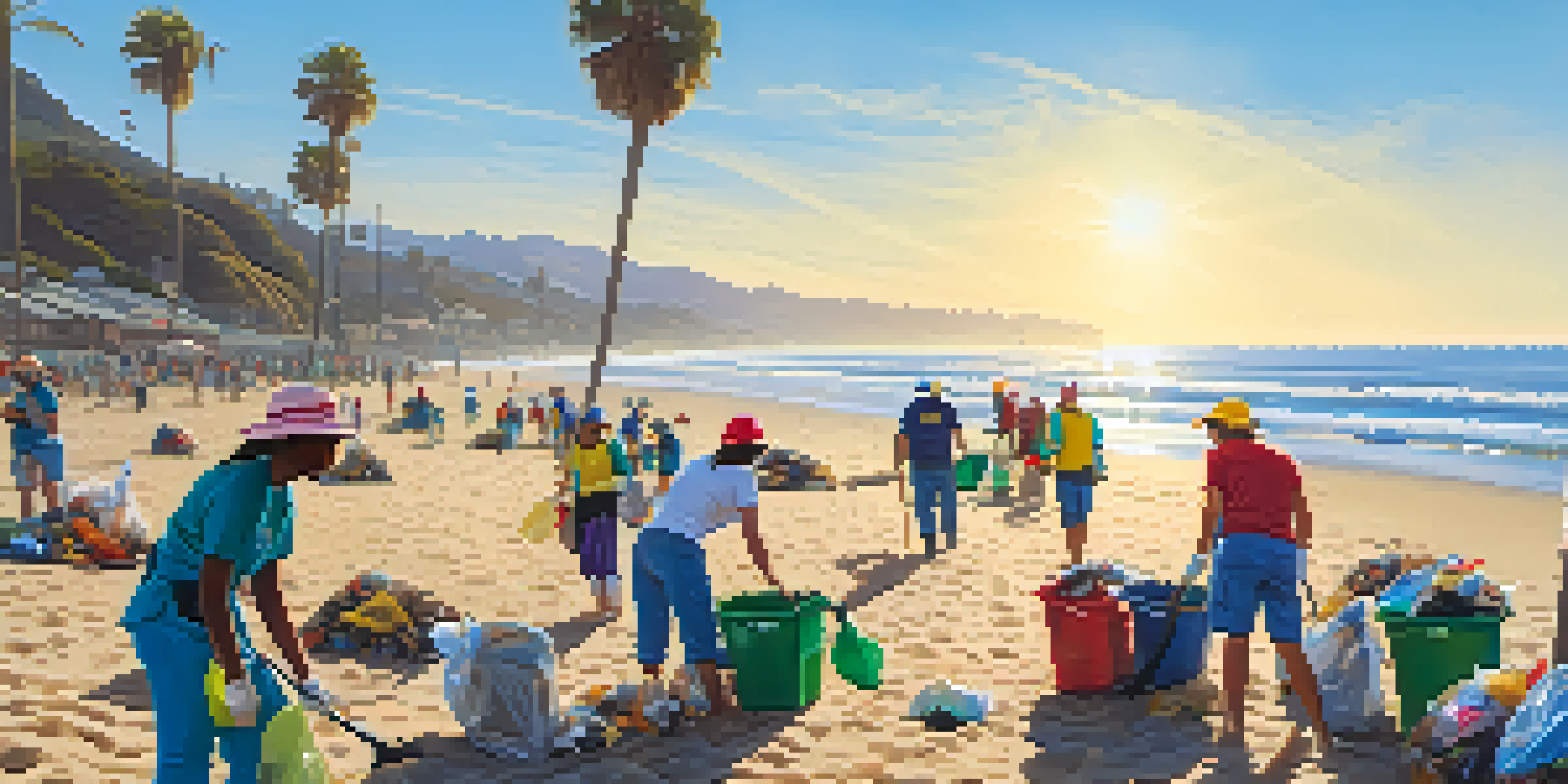 A community cleanup event at a Malibu beach with volunteers collecting trash under the bright sun, surrounded by palm trees and clear blue water.