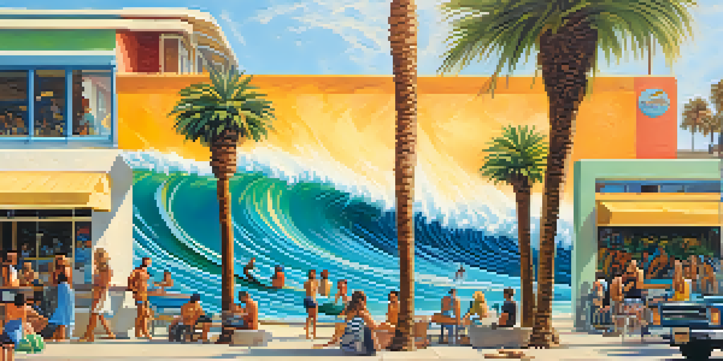 A colorful mural showcasing Malibu's surfing culture with waves and surfboards, surrounded by palm trees and people.