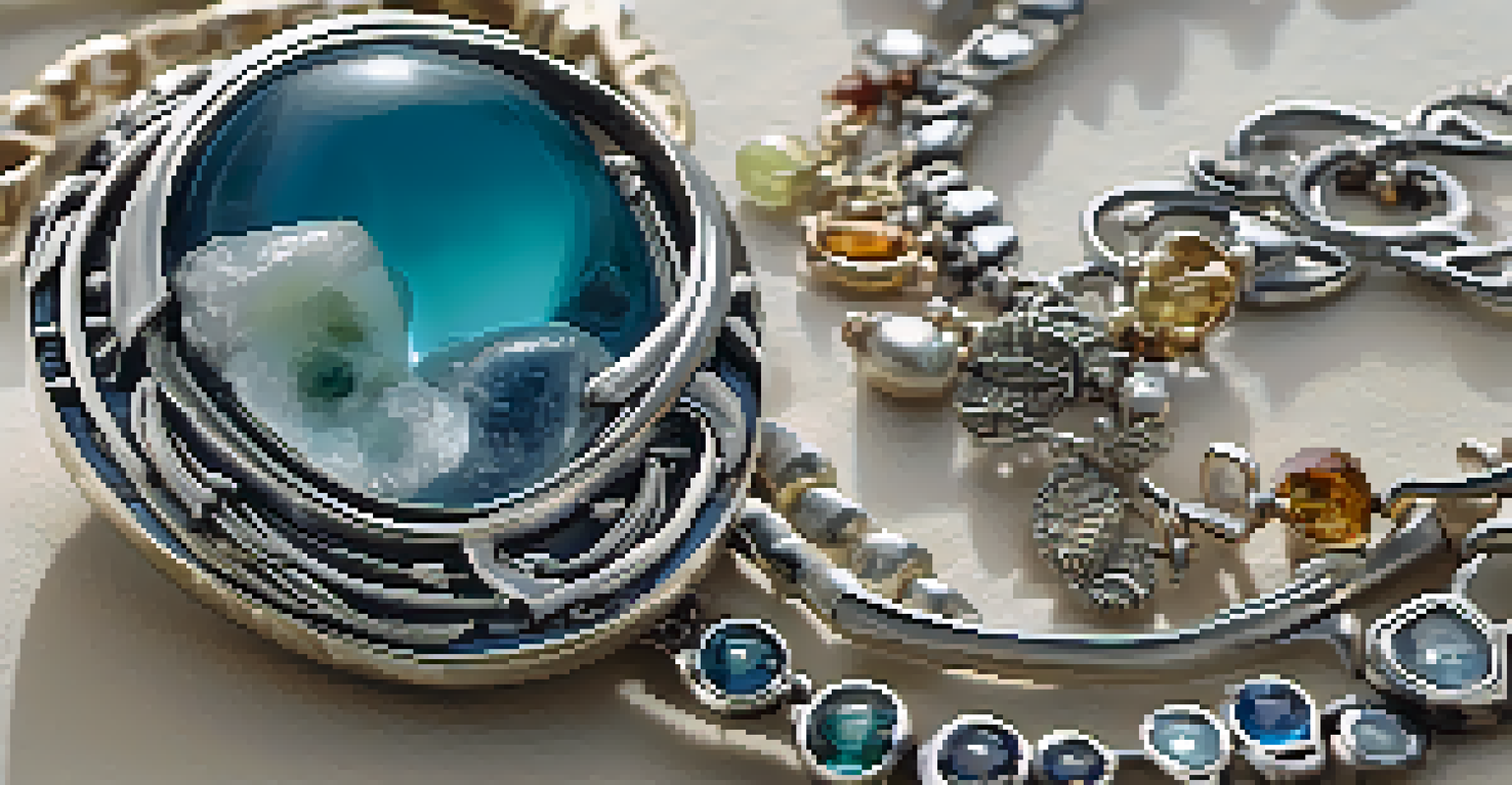 A close-up of a unique piece of jewelry with recycled metals and gemstones, inspired by ocean waves, set against a blurred background.