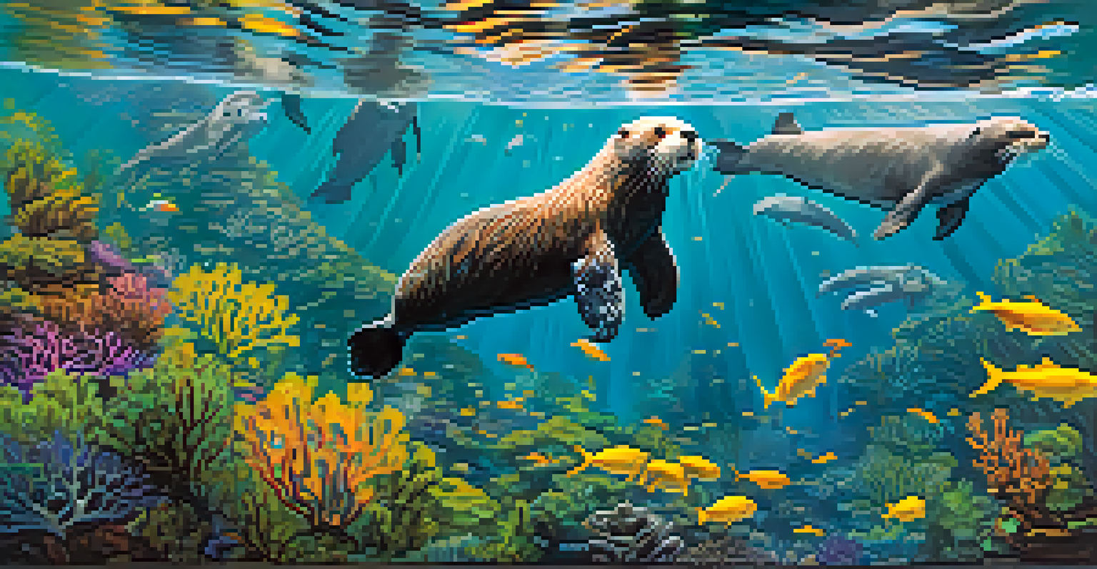 An underwater view of a kelp forest filled with colorful fish, sea otters, and a sea lion, with sunlight filtering through the water.
