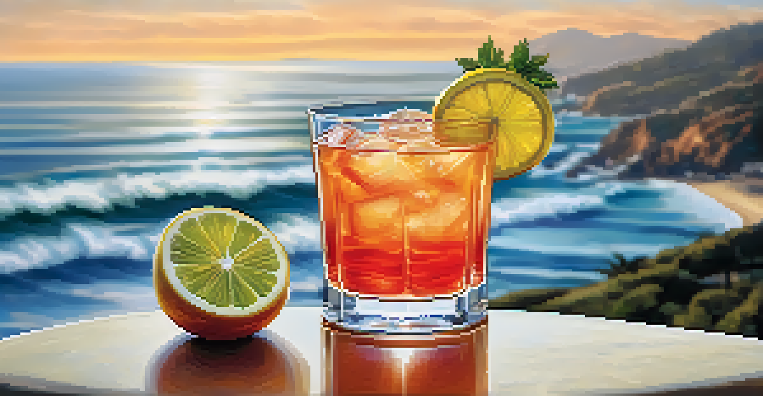 A close-up of a seasonal cocktail with fresh fruits, set against the Malibu coastline.