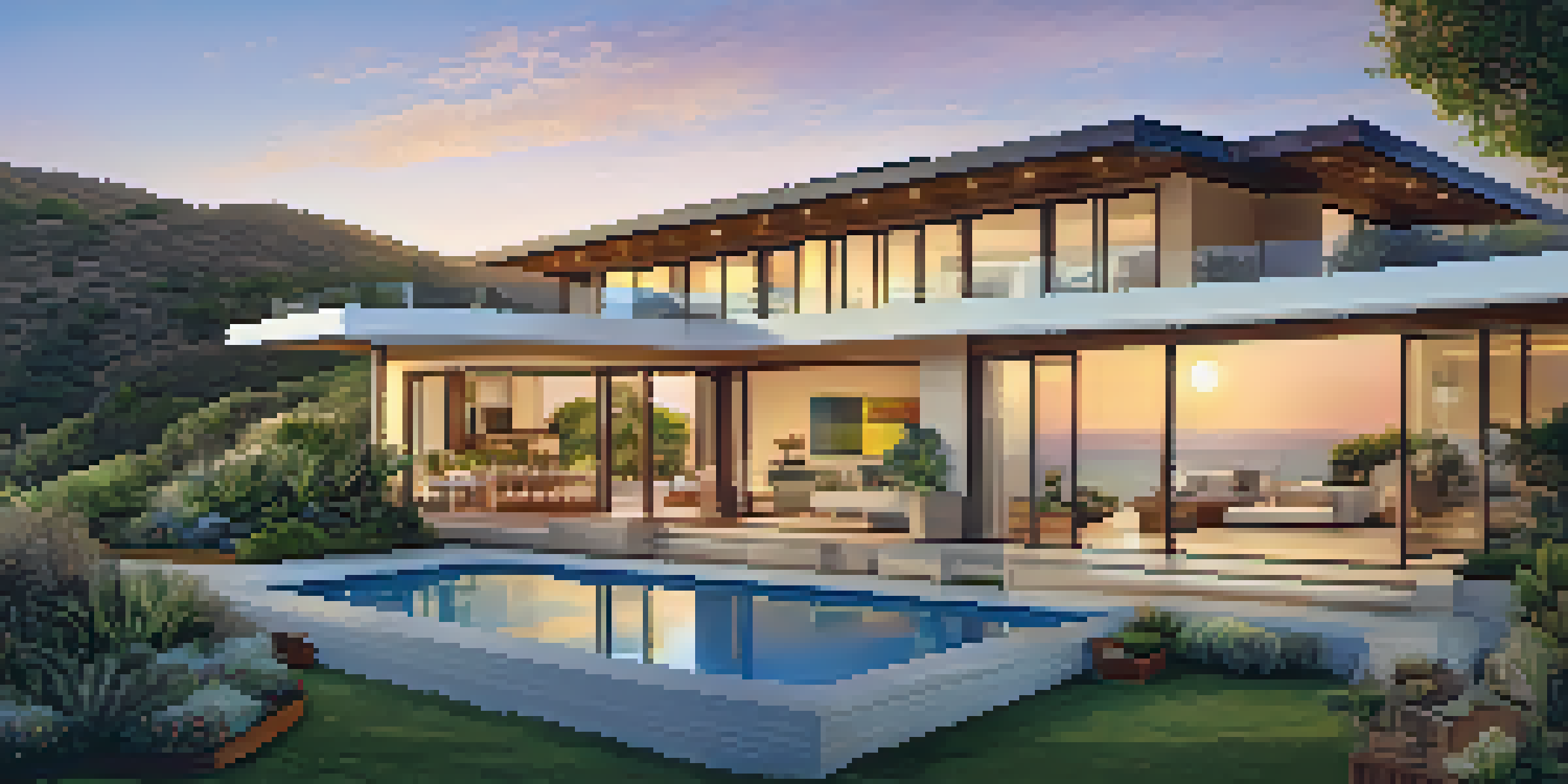 A modern Malibu home featuring solar panels, surrounded by greenery and ocean, under a golden sunset.