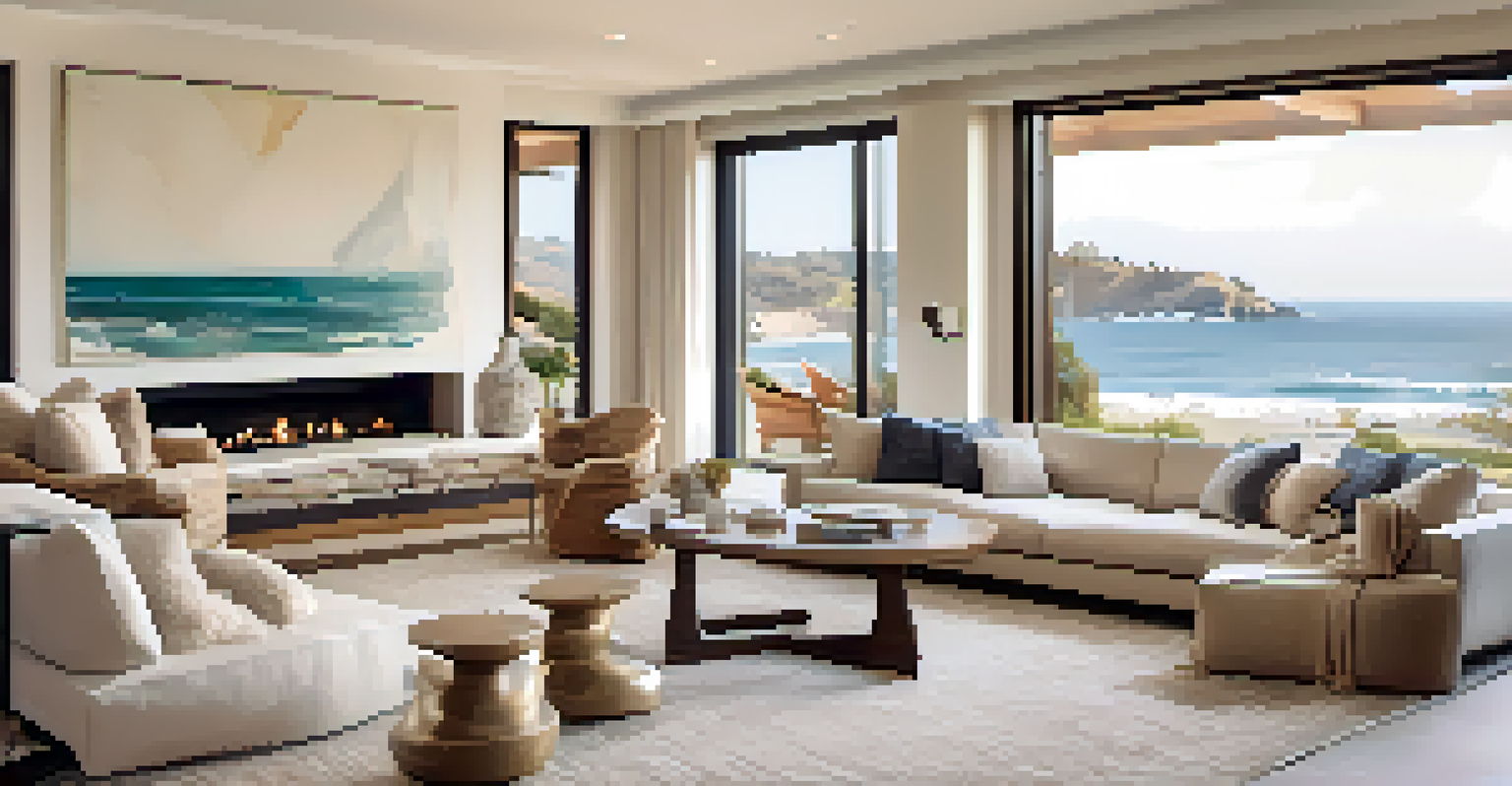 A modern living room with large windows showcasing ocean views, featuring neutral colored decor and stylish furnishings.