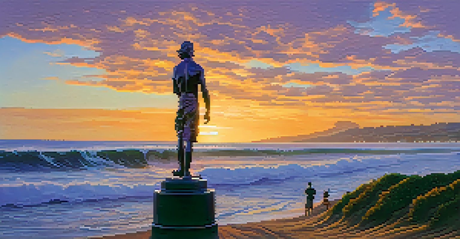 The 'Malibu Surfer' statue against a sunset backdrop, with crashing waves and a colorful sky.
