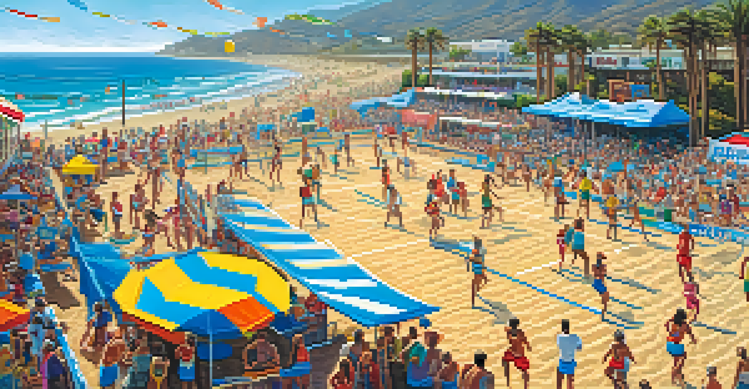 A bustling beach volleyball tournament in Malibu with players and cheering spectators, surrounded by booths from local businesses.