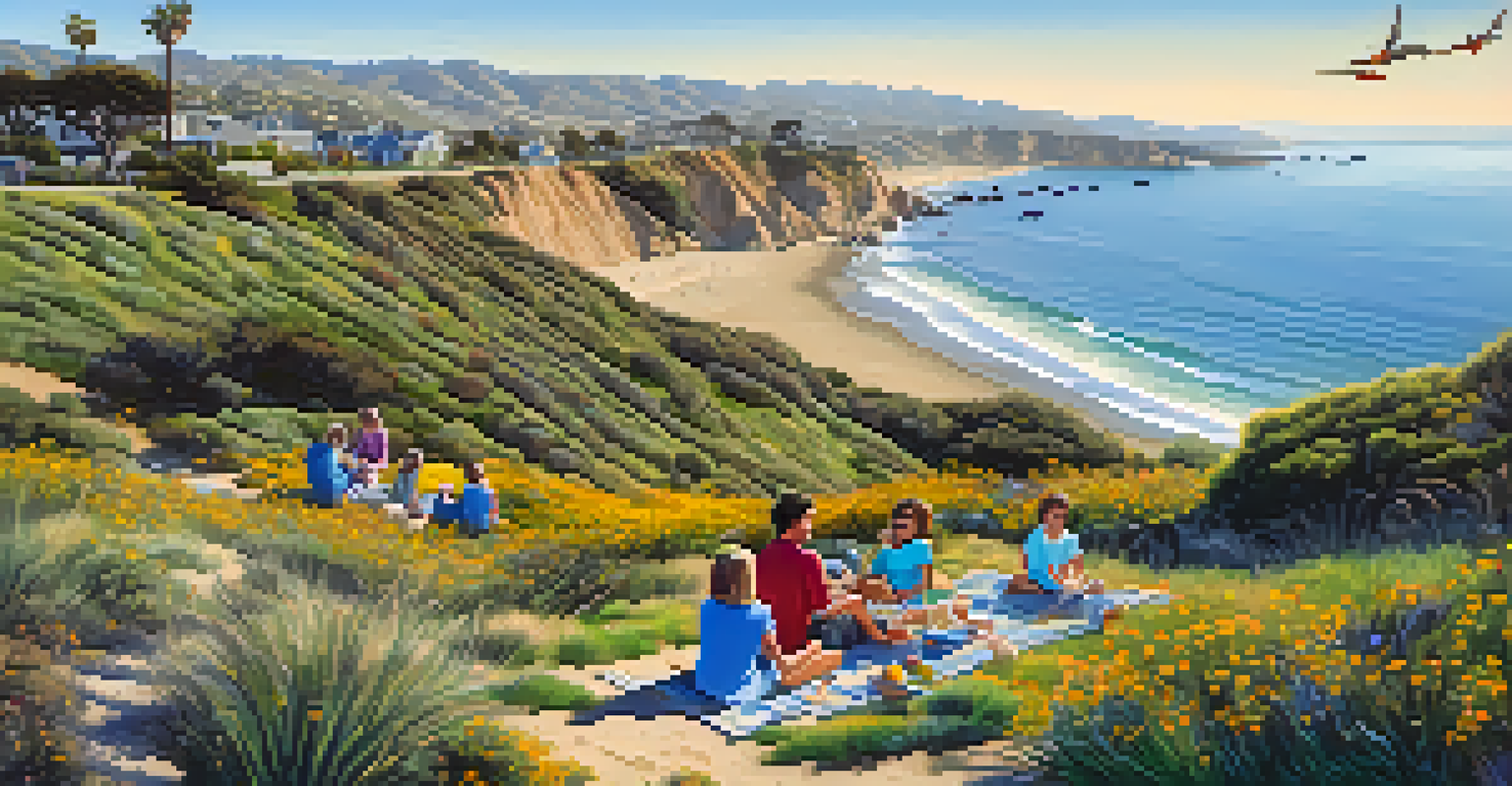 Families picnicking in Malibu Bluffs Park with ocean views and wildflowers, under a clear blue sky.