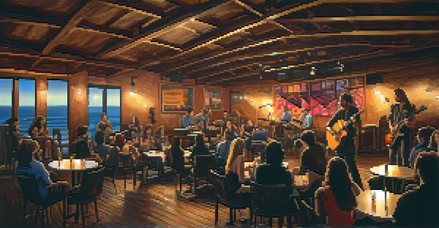 A cozy live music venue in Malibu with warm lighting and an audience enjoying a performance.