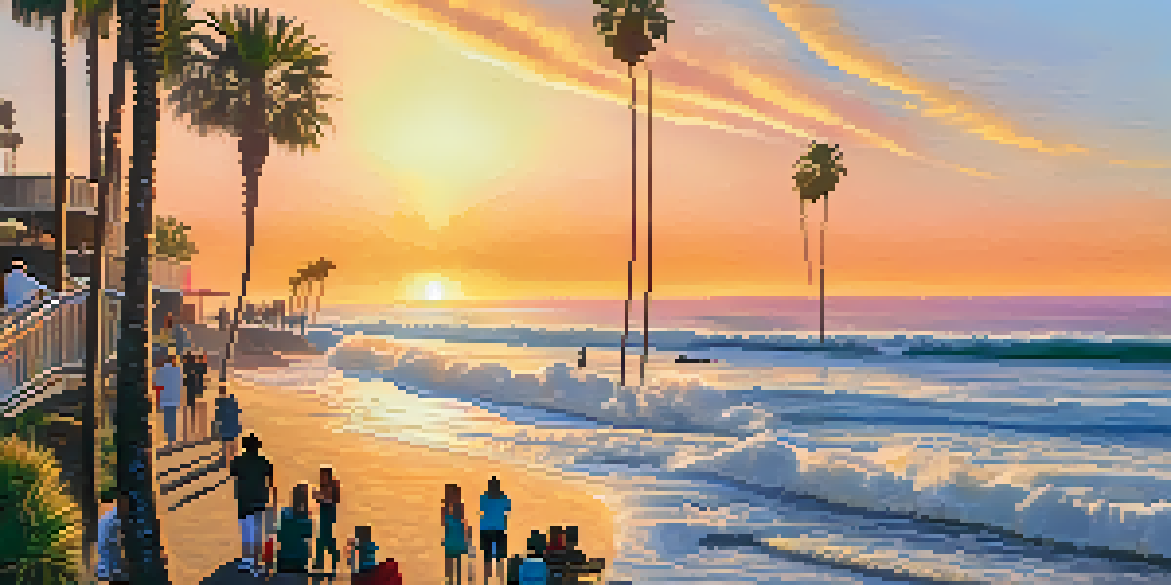 A beautiful coastal scene during a Malibu Art Walk with people admiring colorful artworks against a sunset backdrop.