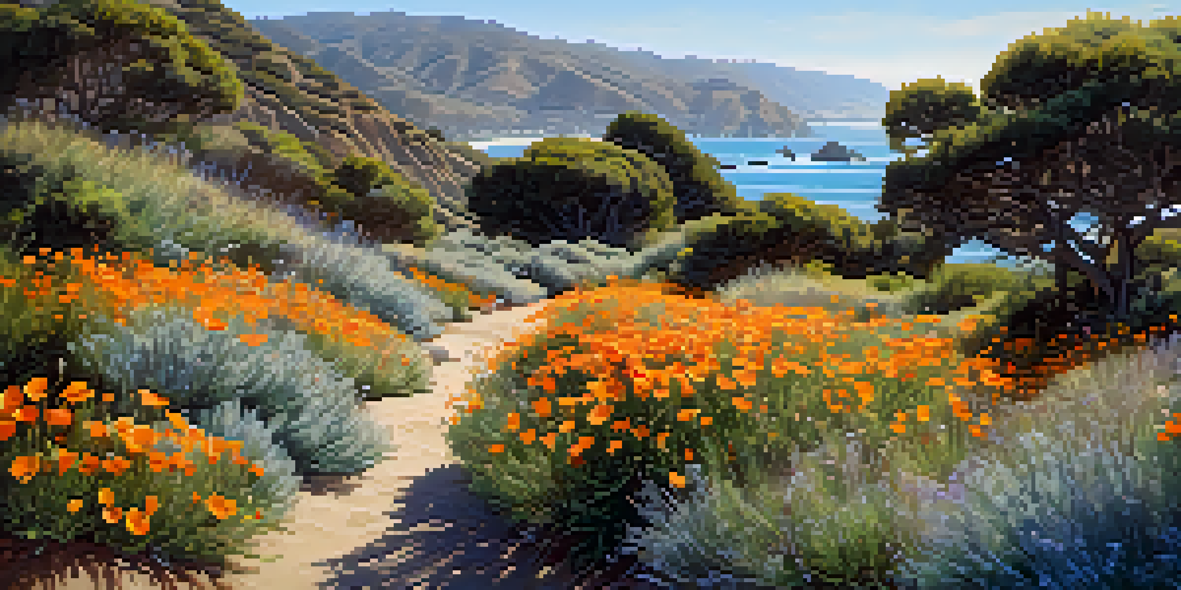 A colorful garden in Malibu filled with California poppies and coastal sage scrub under bright sunlight, with the coastline in the background.