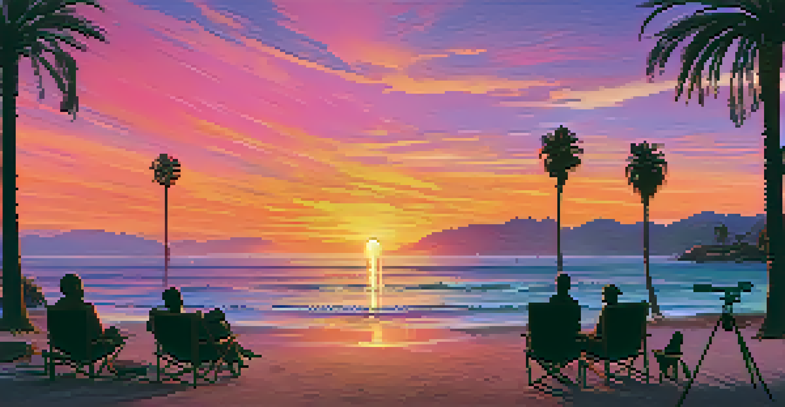 A picturesque sunset at Malibu's Film Festival with filmmakers enjoying the view by the ocean.