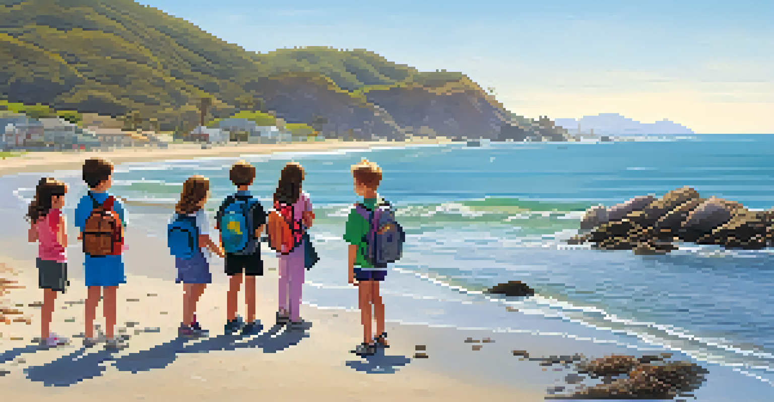 School children exploring tidal pools at Malibu beach, pointing at starfish and crabs, with a local educator explaining the marine ecosystem.
