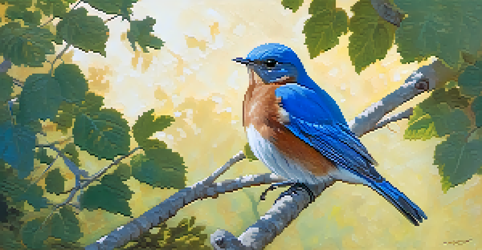 A colorful Western Bluebird sitting on a branch in a sunny woodland in Malibu.