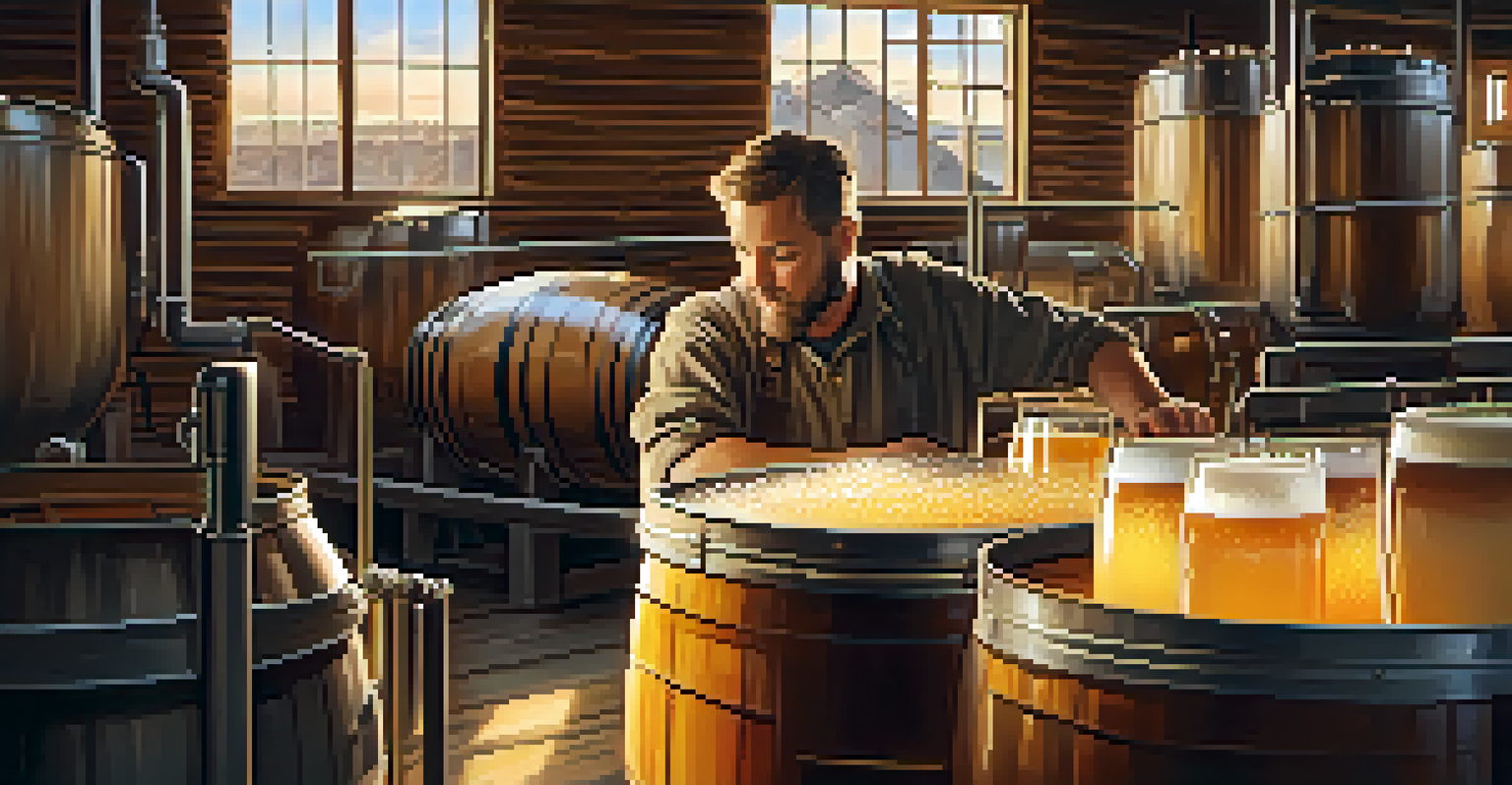 A craft brewer pouring beer into a glass in a rustic brewery setting, surrounded by barrels and equipment.