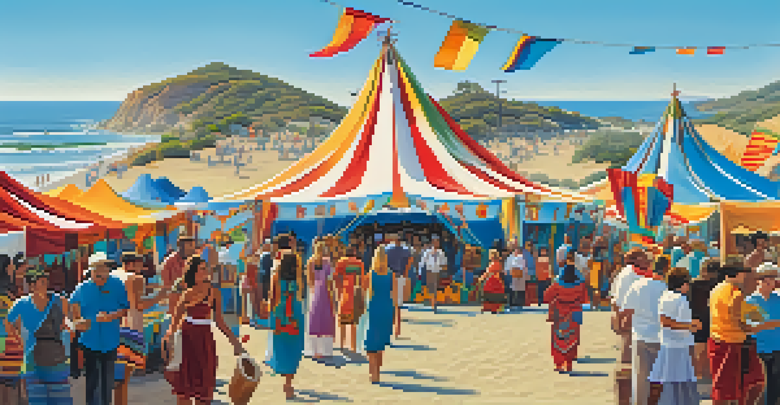 A vibrant outdoor festival in Malibu with colorful tents, artisans, and people enjoying music and dance.