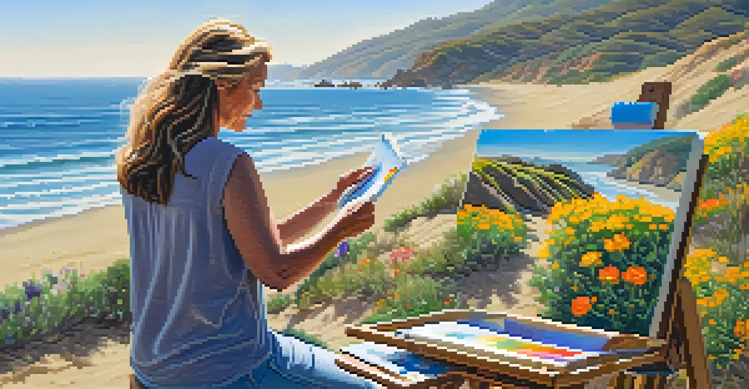 An artist painting on Malibu beach, surrounded by wildflowers and the ocean, capturing the vibrant scenery under warm sunlight.
