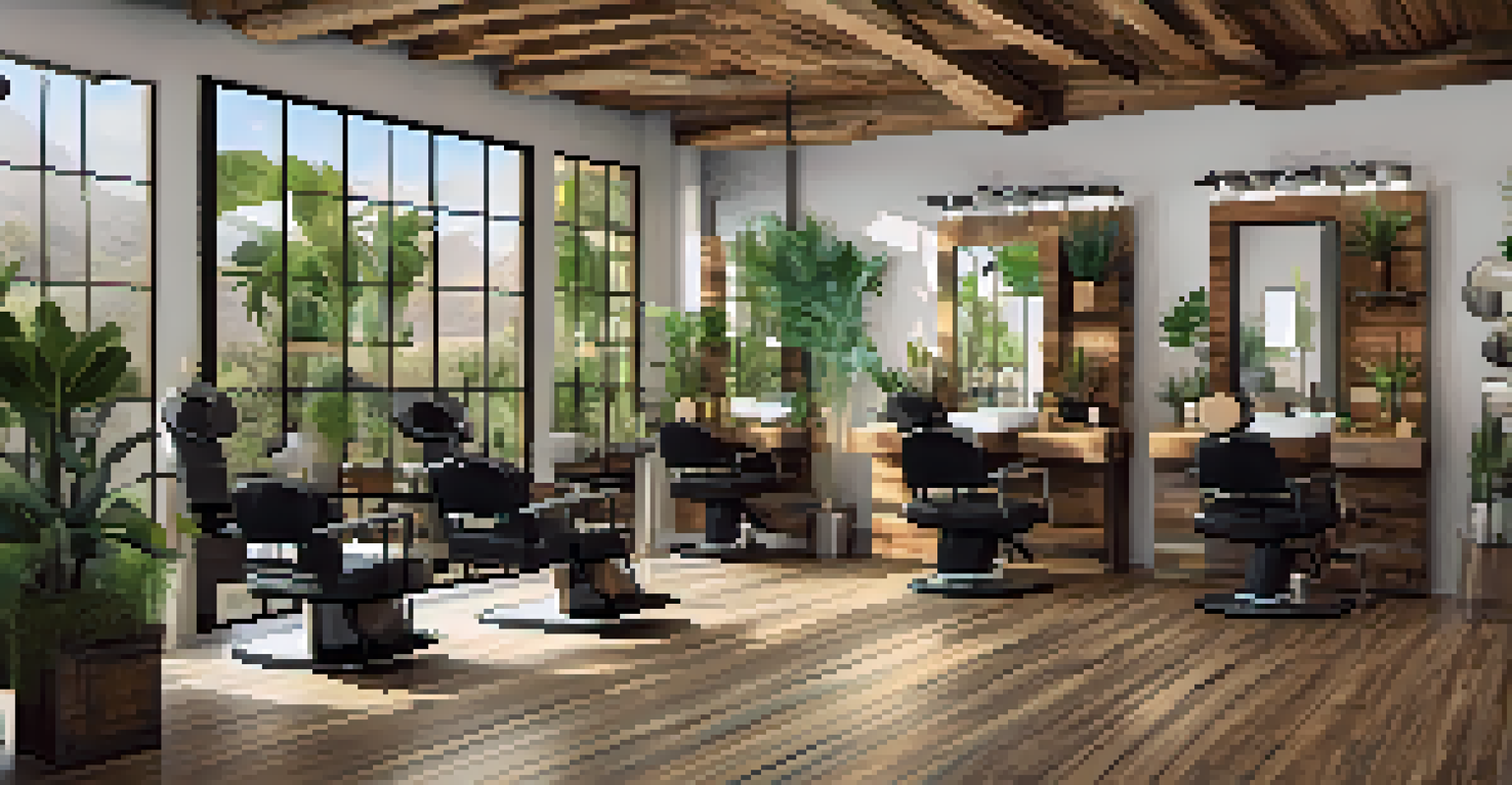 Interior of a sustainable salon in Malibu with reclaimed wood stations and plants, showcasing a stylist using organic hair products.
