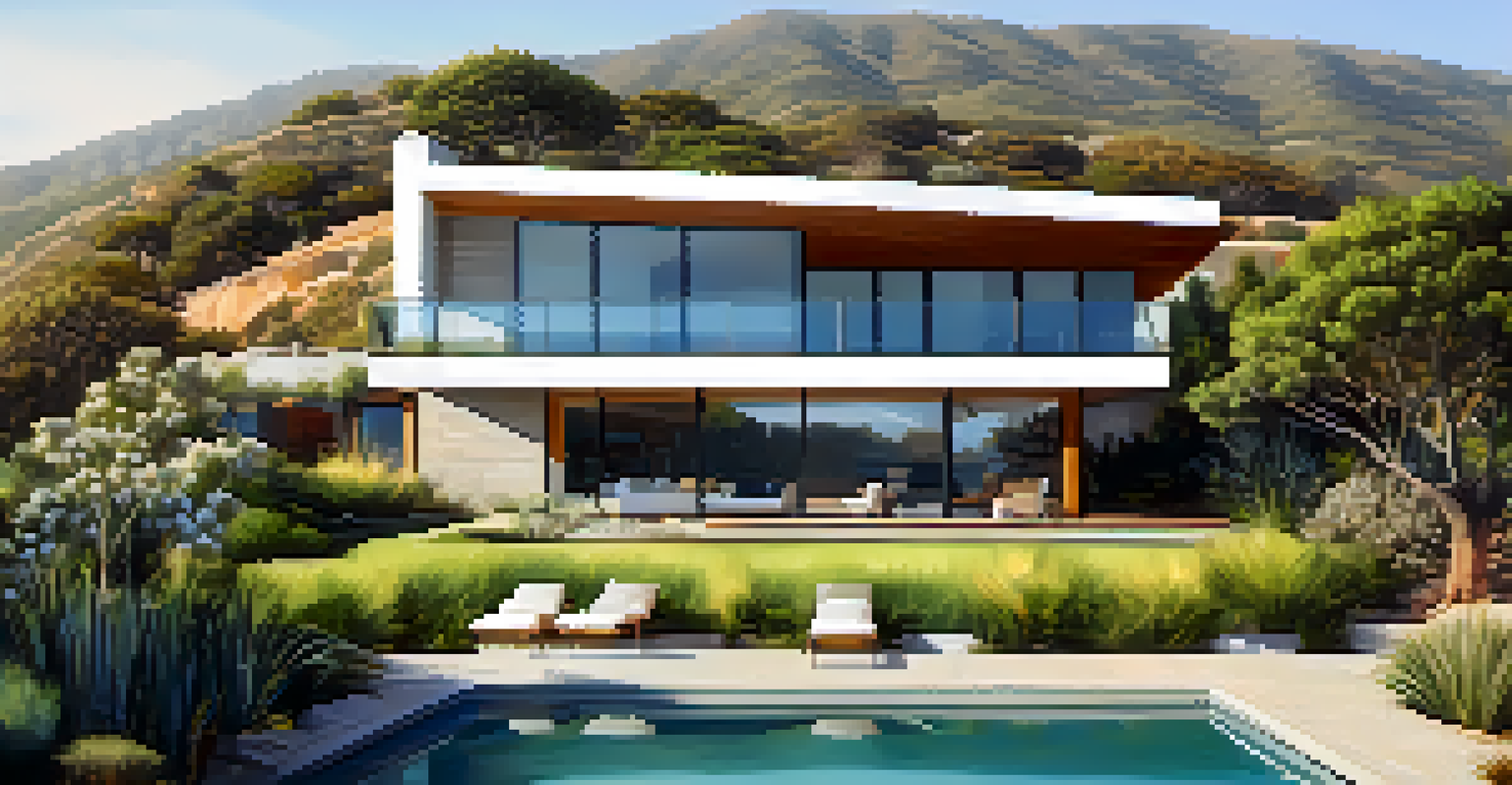 A close-up of a modern eco-friendly home in Malibu with solar panels and large windows overlooking the ocean.