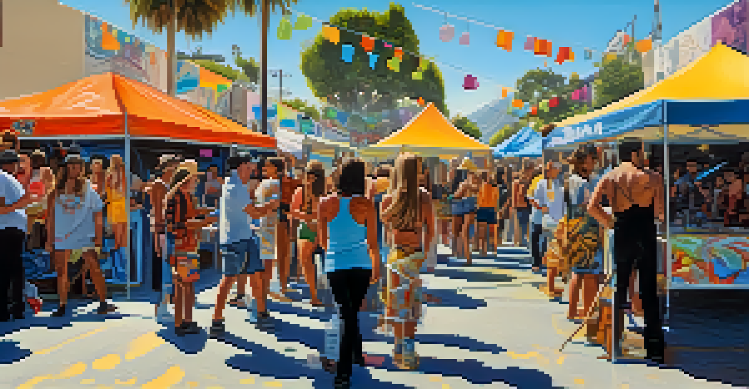 Artists painting live murals at a street art festival in Malibu, with spectators enjoying the vibrant atmosphere.