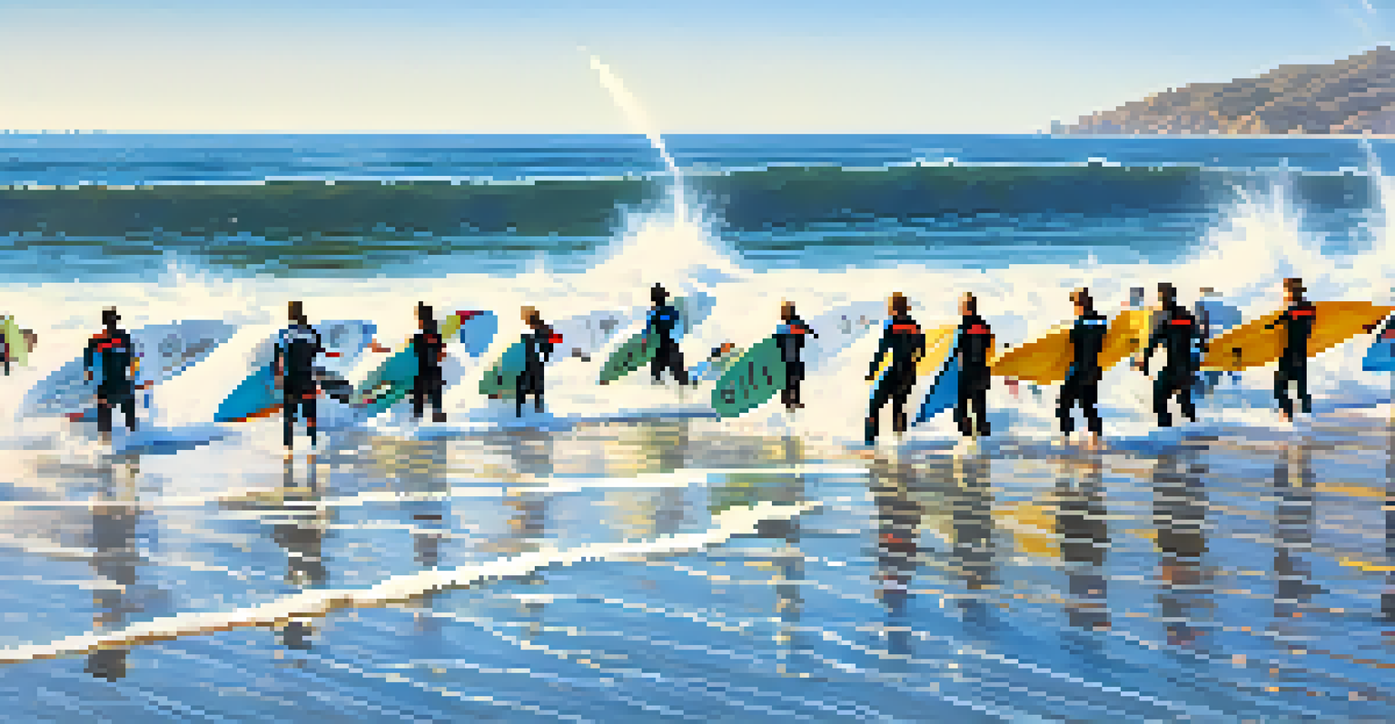 A lively surf competition in Malibu with surfers riding waves and spectators on the beach.
