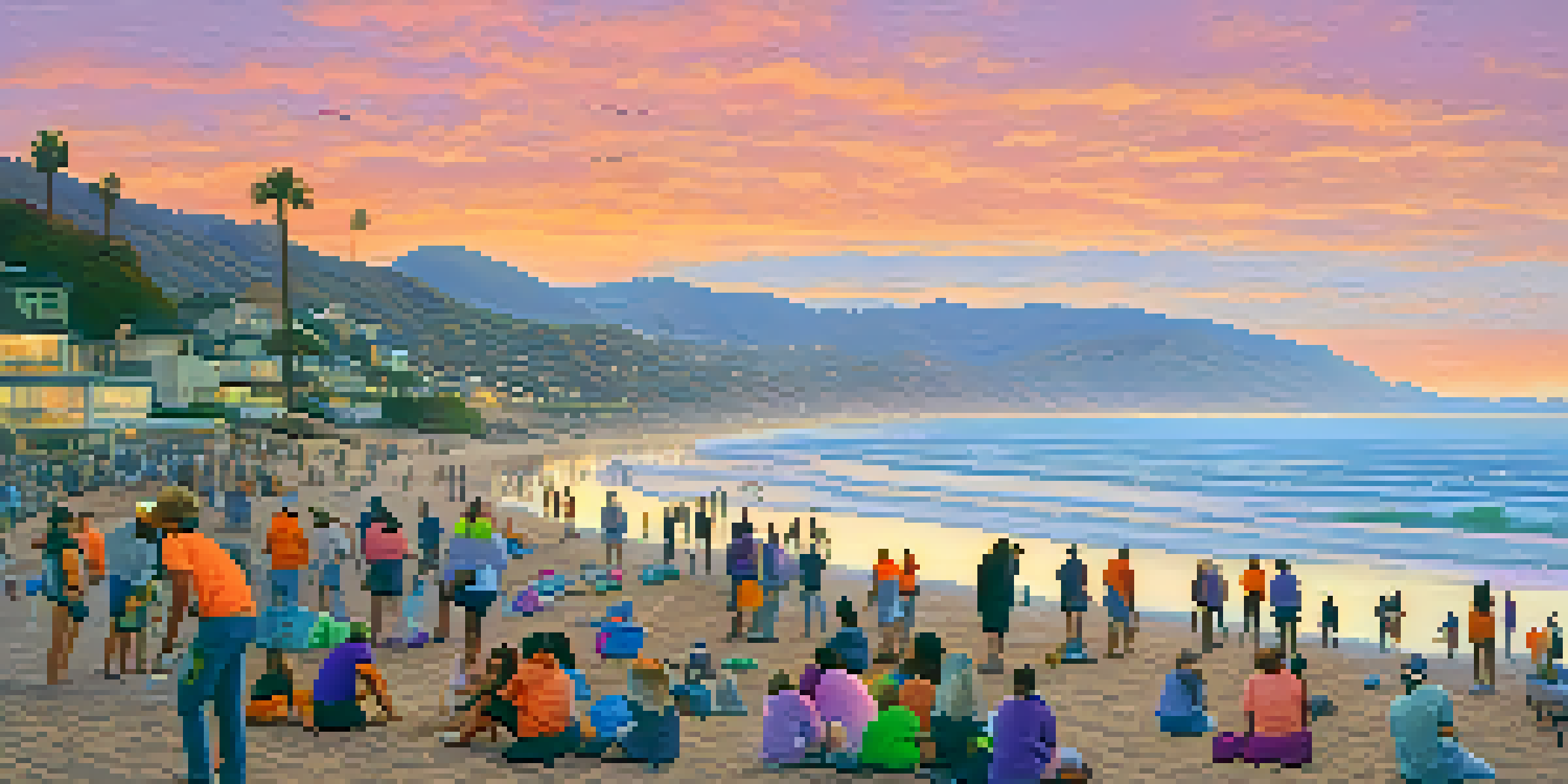 A group of people cleaning the beach at sunset in Malibu, with colorful skies reflecting on the ocean.
