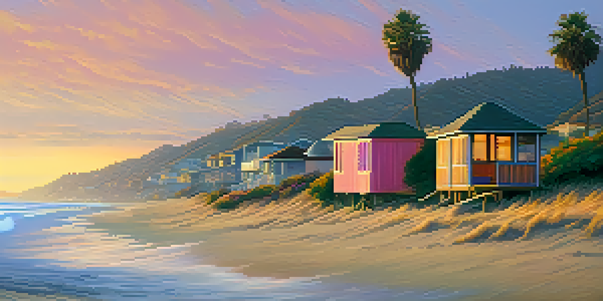A beautiful sunrise over Malibu Beach, featuring soft waves and a sustainable beach hut in the foreground.