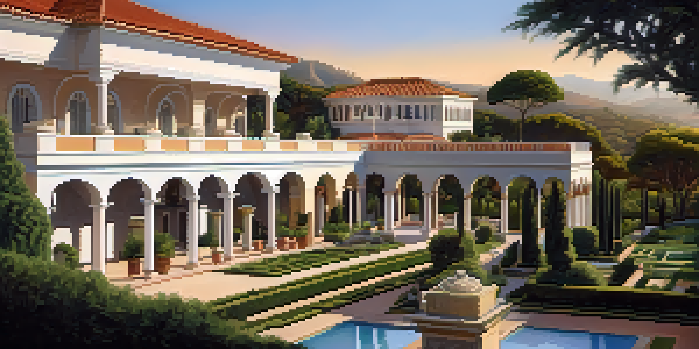 A beautiful sunset view of the Getty Villa with Roman architecture, lush gardens, and the ocean in the distance.