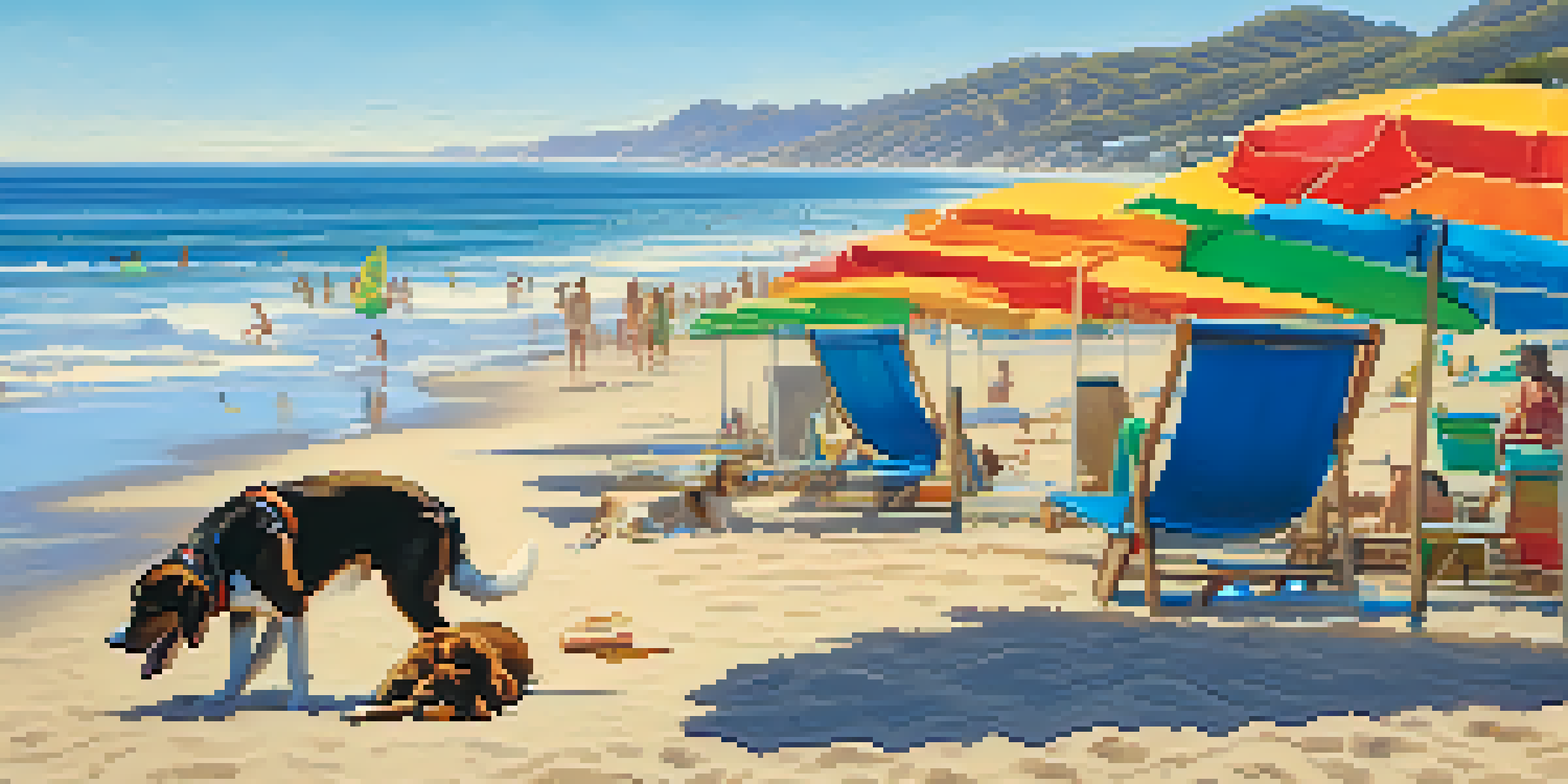 A beach scene in Malibu with a happy dog playing in the waves and its owner relaxing on a towel under colorful umbrellas.