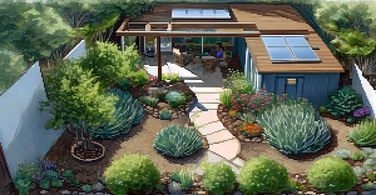An overhead view of a sustainable garden in Malibu with a drip irrigation system and a rain barrel, highlighting drought-resistant plants and sandy soil.