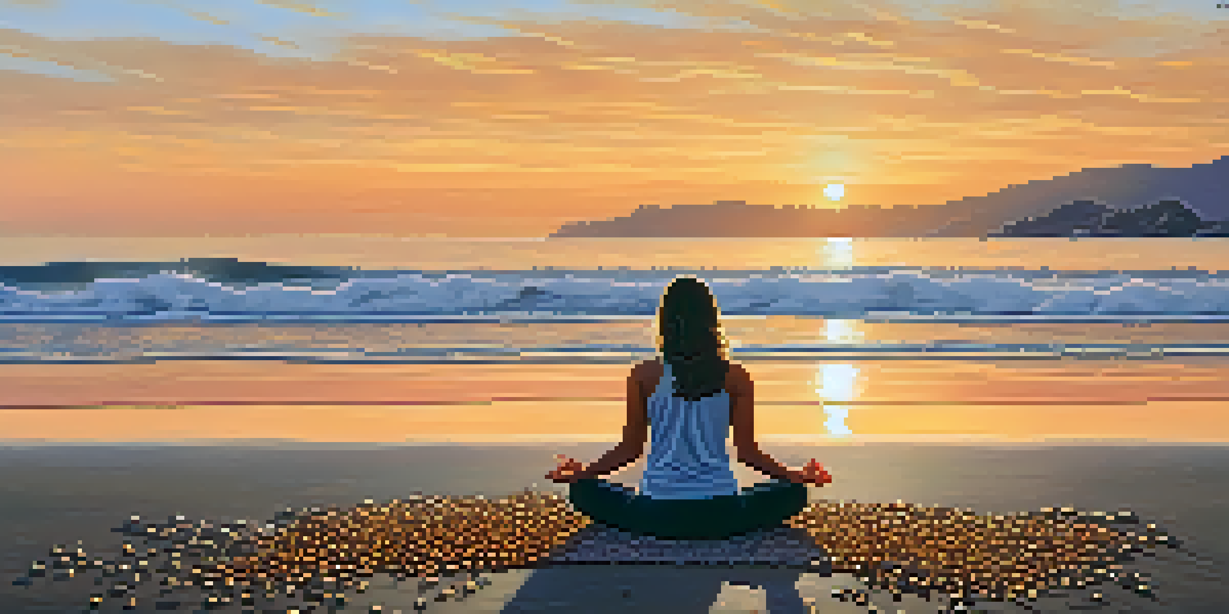 A peaceful sunset view of Malibu beach with a person doing yoga on the sand.
