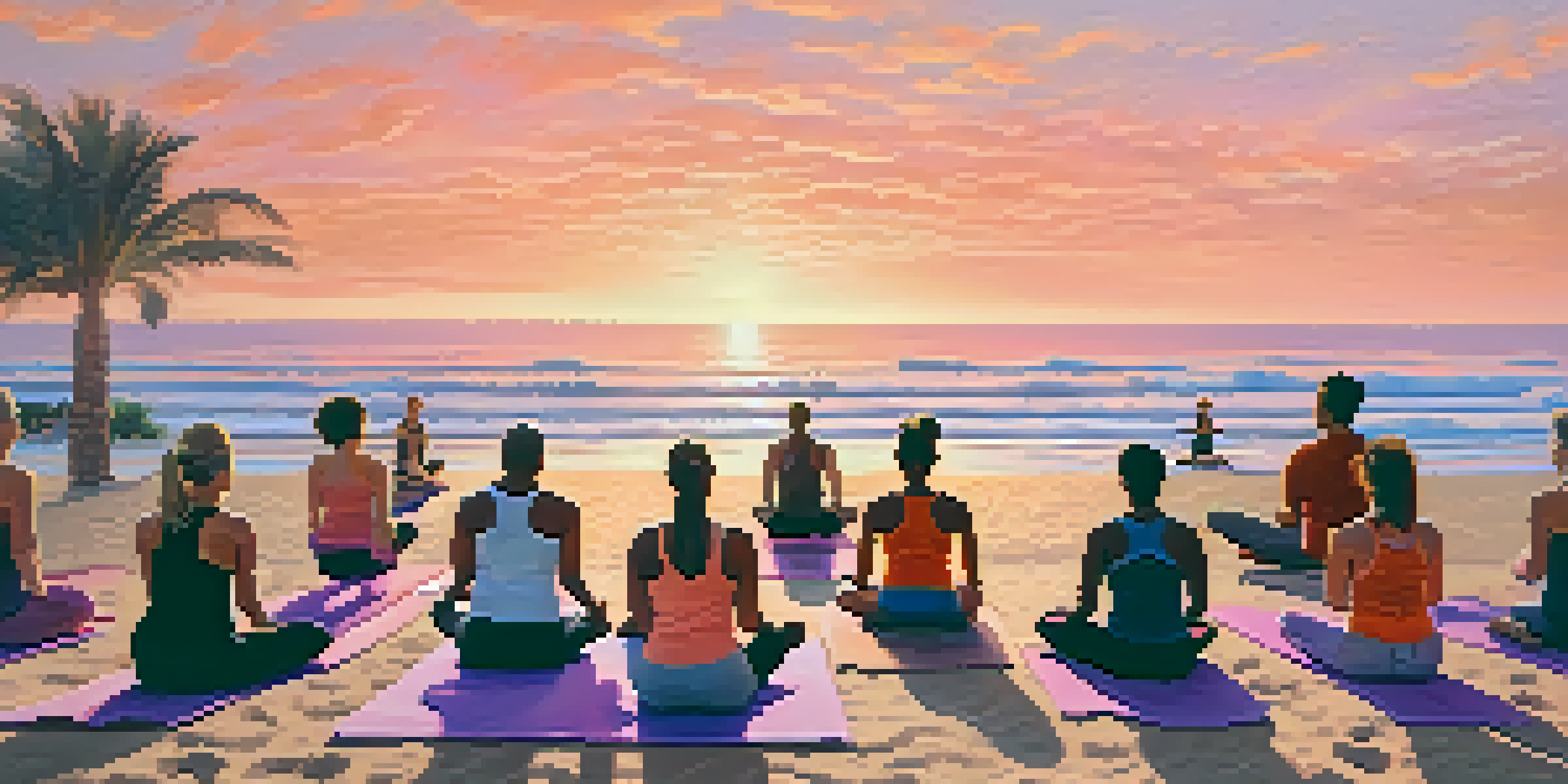 A diverse group of people practicing yoga on the beach in Malibu at sunset, with beautiful colors in the sky and gentle waves in the background.