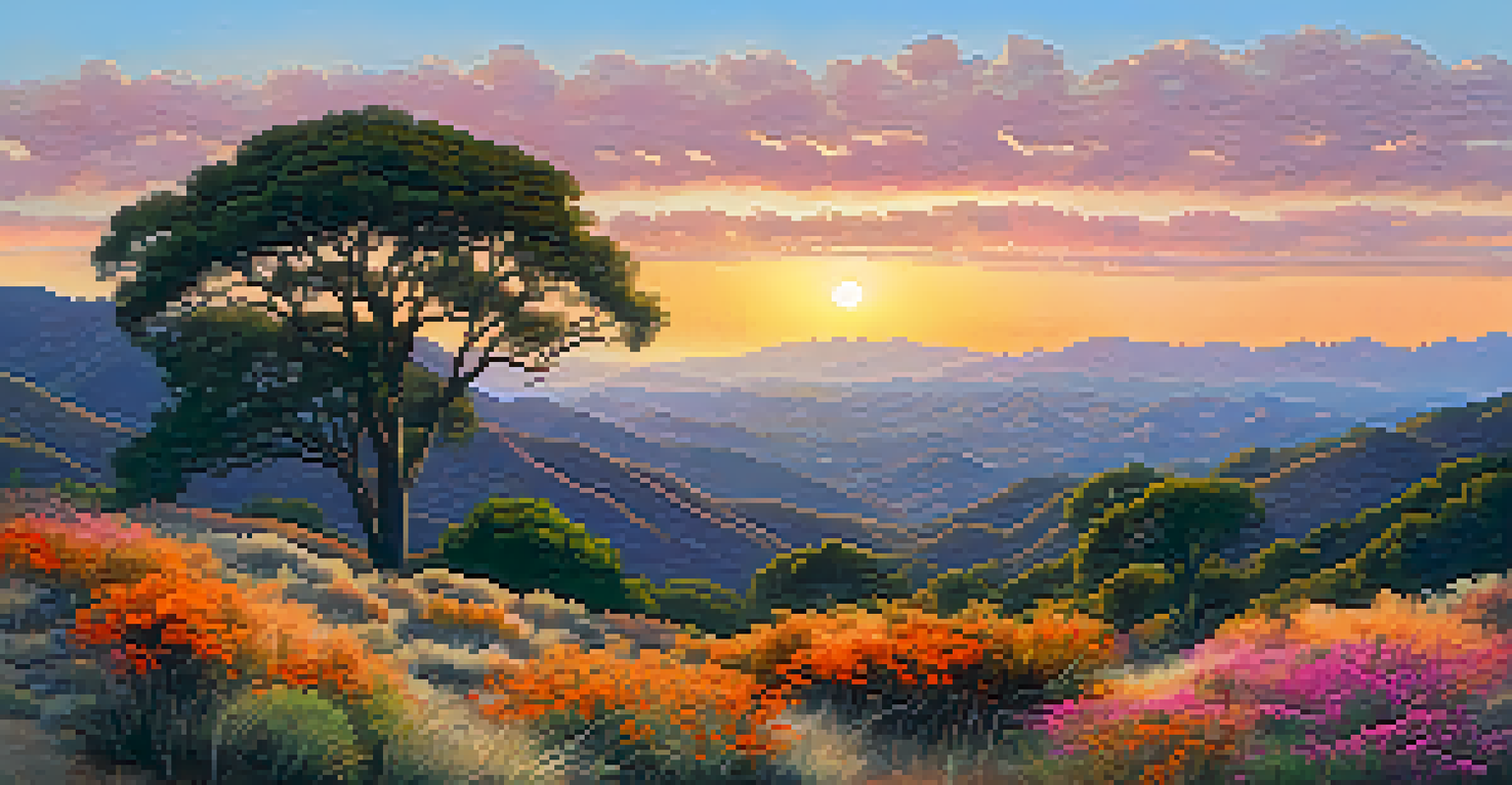 A sunset view of the Santa Monica Mountains with a deer grazing in the foreground, surrounded by vibrant colors in the sky and lush vegetation.