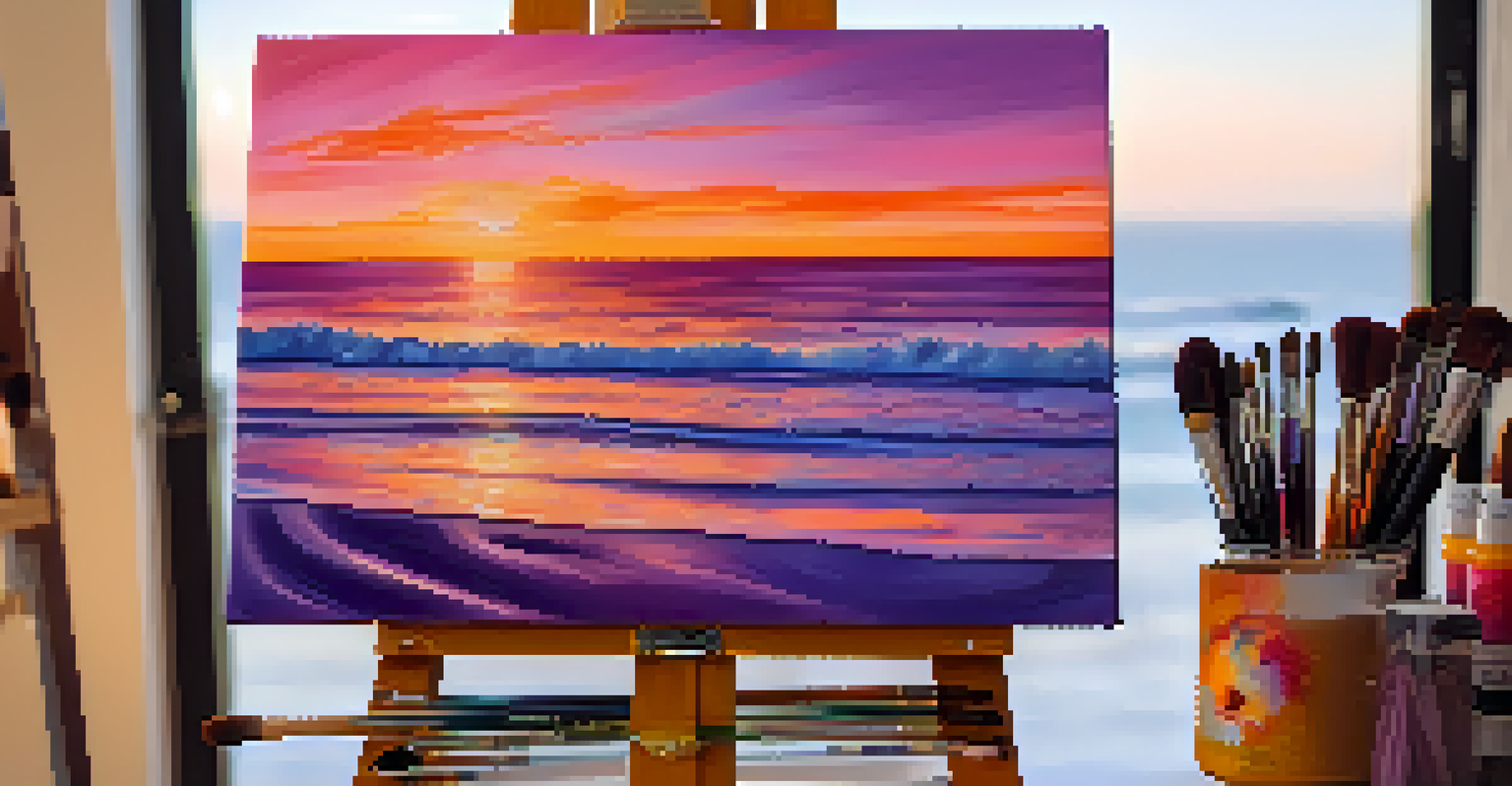 A close-up view of a vibrant sunset painting inspired by Malibu, showcasing rich colors on a canvas in a bright art studio setting.