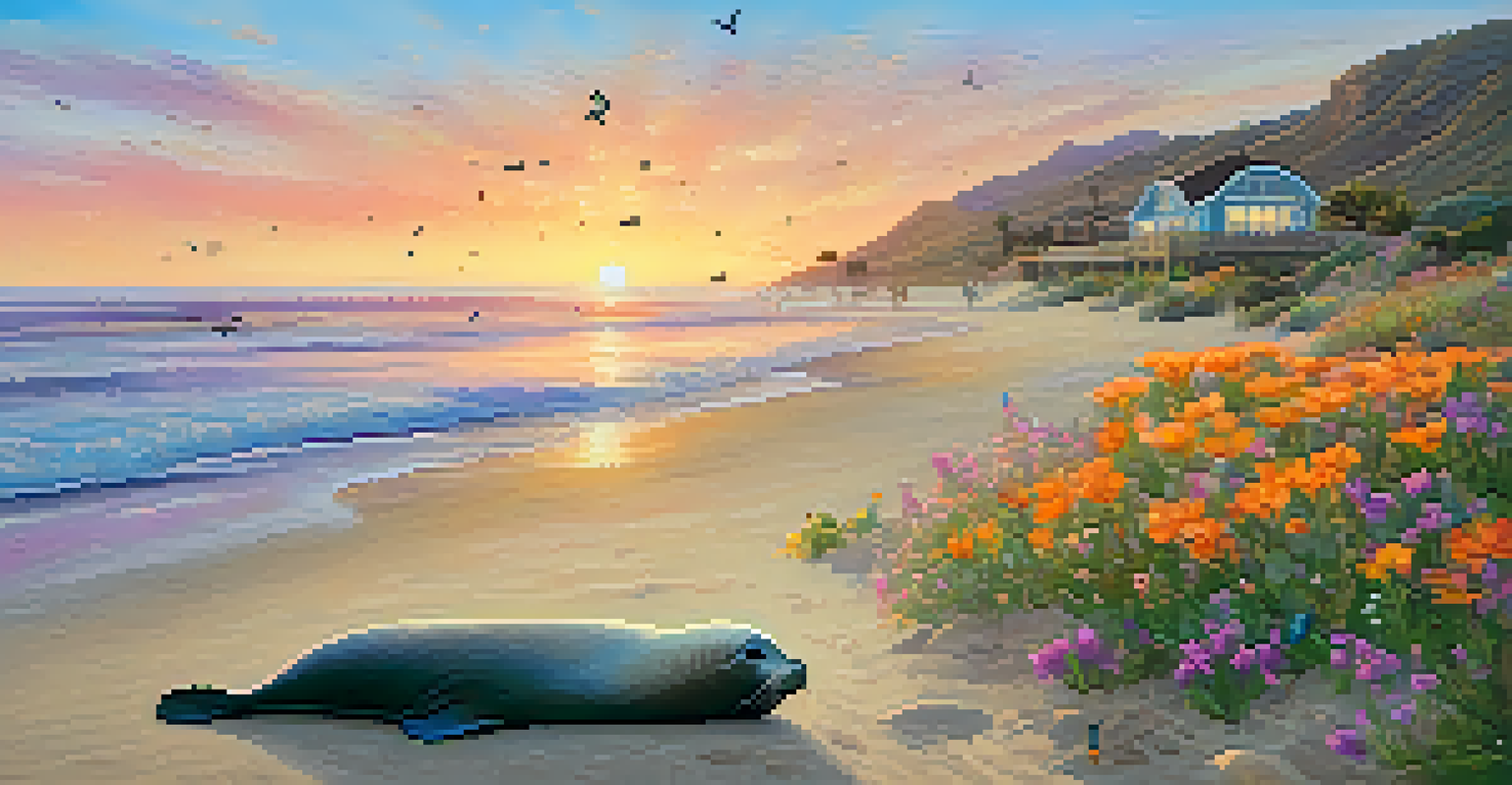 A warm summer evening in Malibu with a seal on the beach and butterflies around wildflowers.