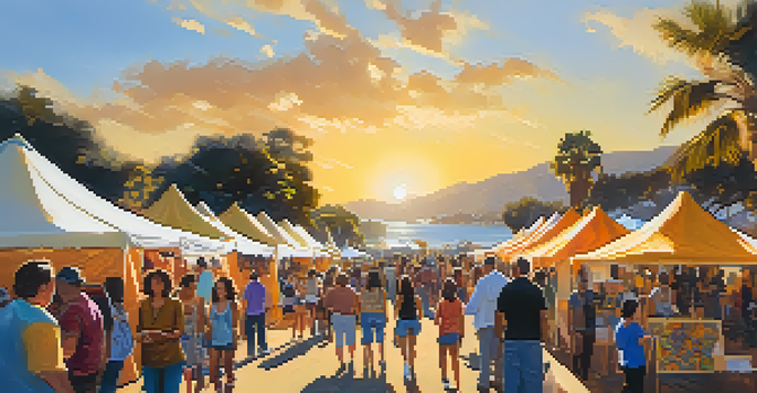 A lively outdoor art festival in Malibu with diverse artists and colorful artworks, surrounded by a joyful crowd under warm sunlight.