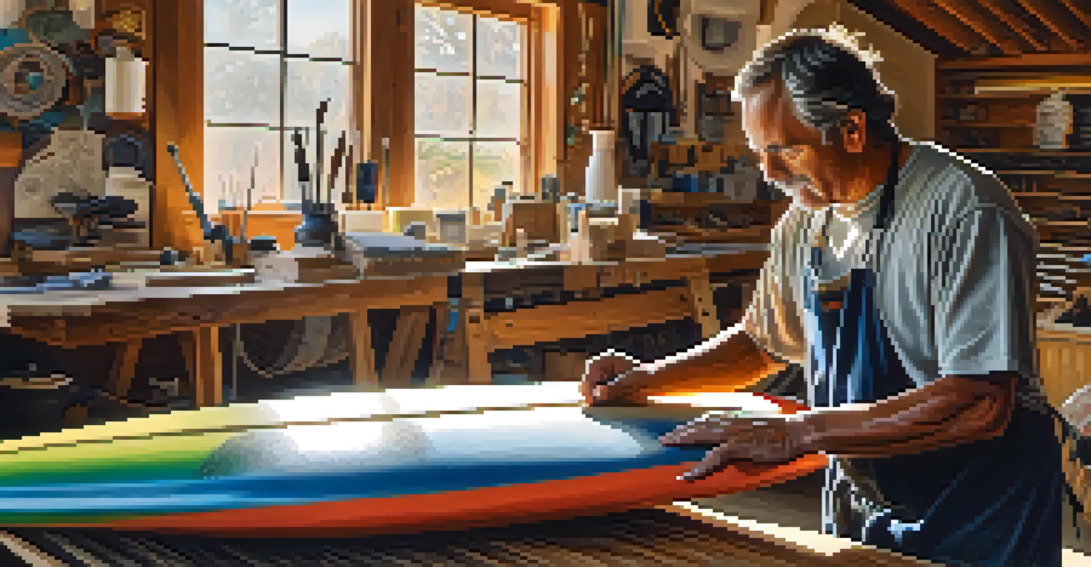 An artisan shaping a surfboard in a workshop filled with tools and sunlight, emphasizing the craftsmanship and materials involved in surfboard making.