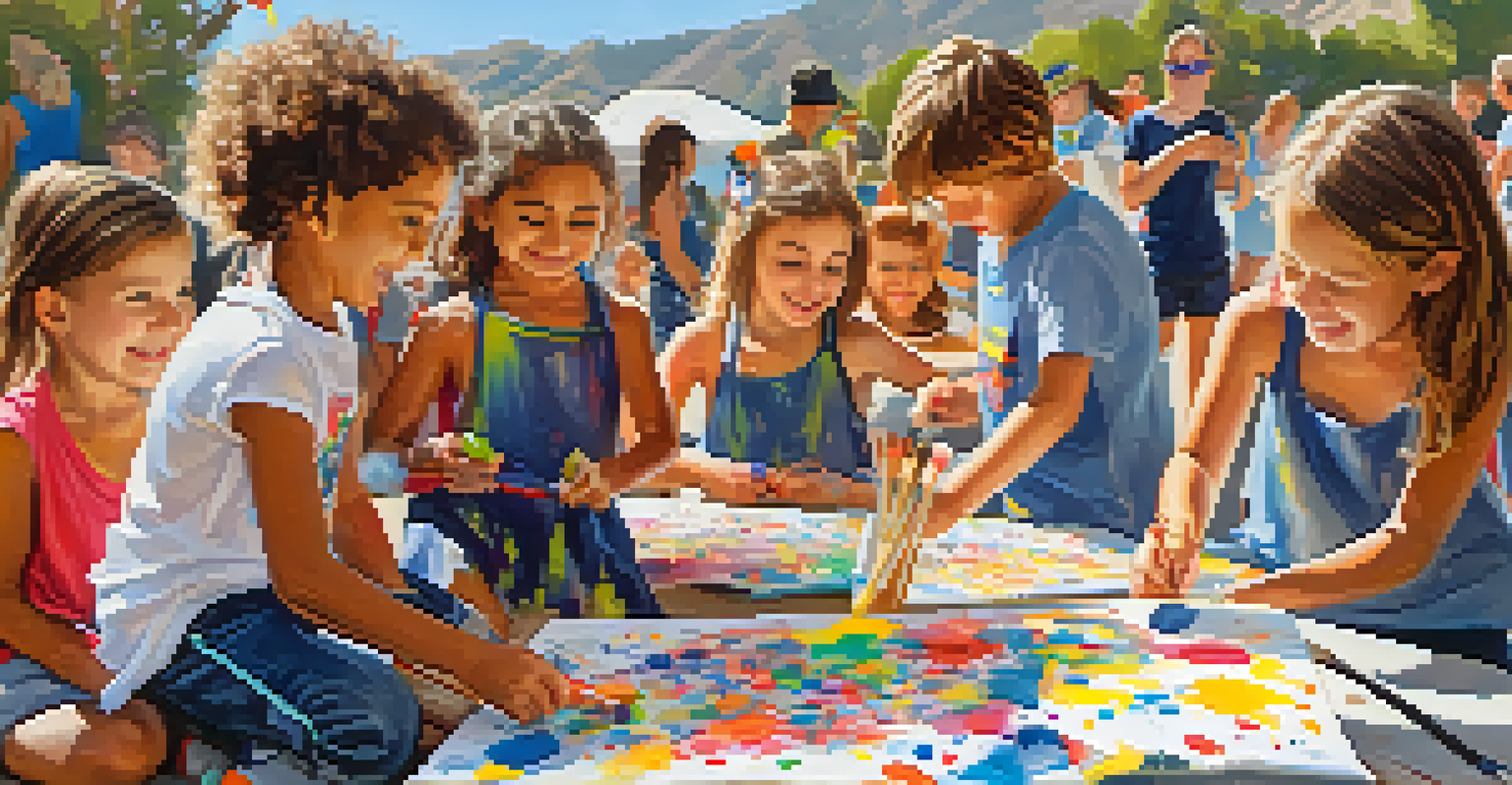 Children joyfully participating in an interactive art workshop at the Malibu Arts Festival, surrounded by colorful paints and canvases.