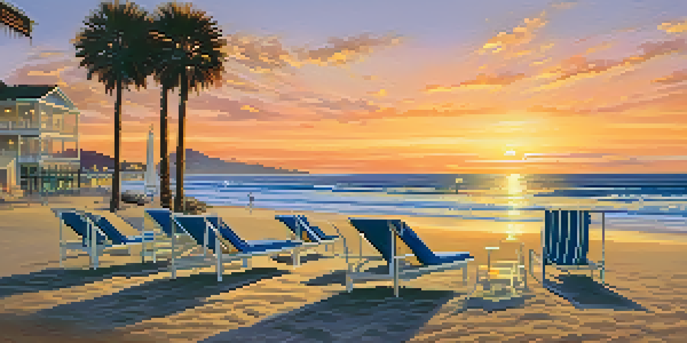 A picturesque sunset over Malibu Colony with golden skies and gentle ocean waves, featuring luxurious homes and a private beach.