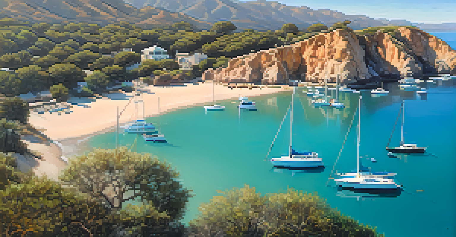 An aerial perspective of Malibu Bay highlighting its hidden coves, rock formations, and small boats.