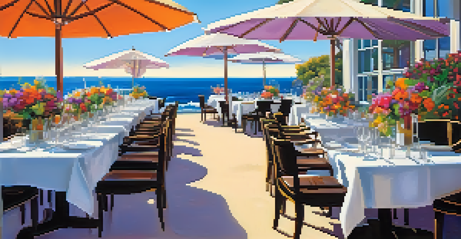 Outdoor dining scene at a Malibu restaurant with ocean view and colorful umbrellas.