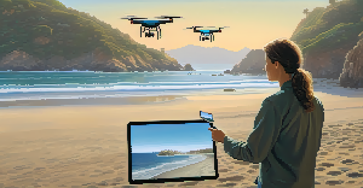 A researcher monitoring marine ecosystems with a drone on Malibu beach, tablet in hand, ocean and mountains in the background.