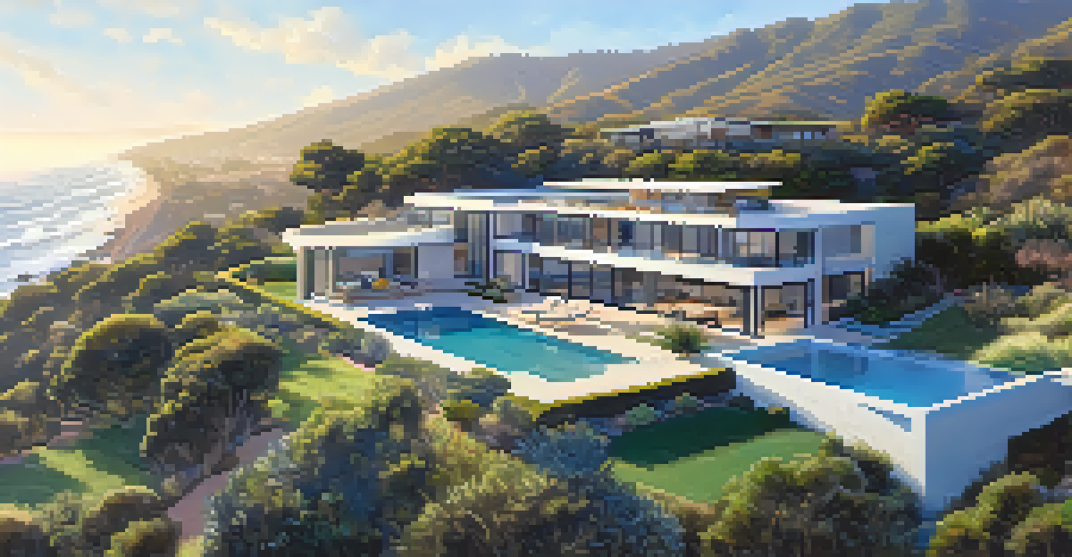 Aerial view of a modern Malibu home with ocean views and a spacious terrace, surrounded by greenery.