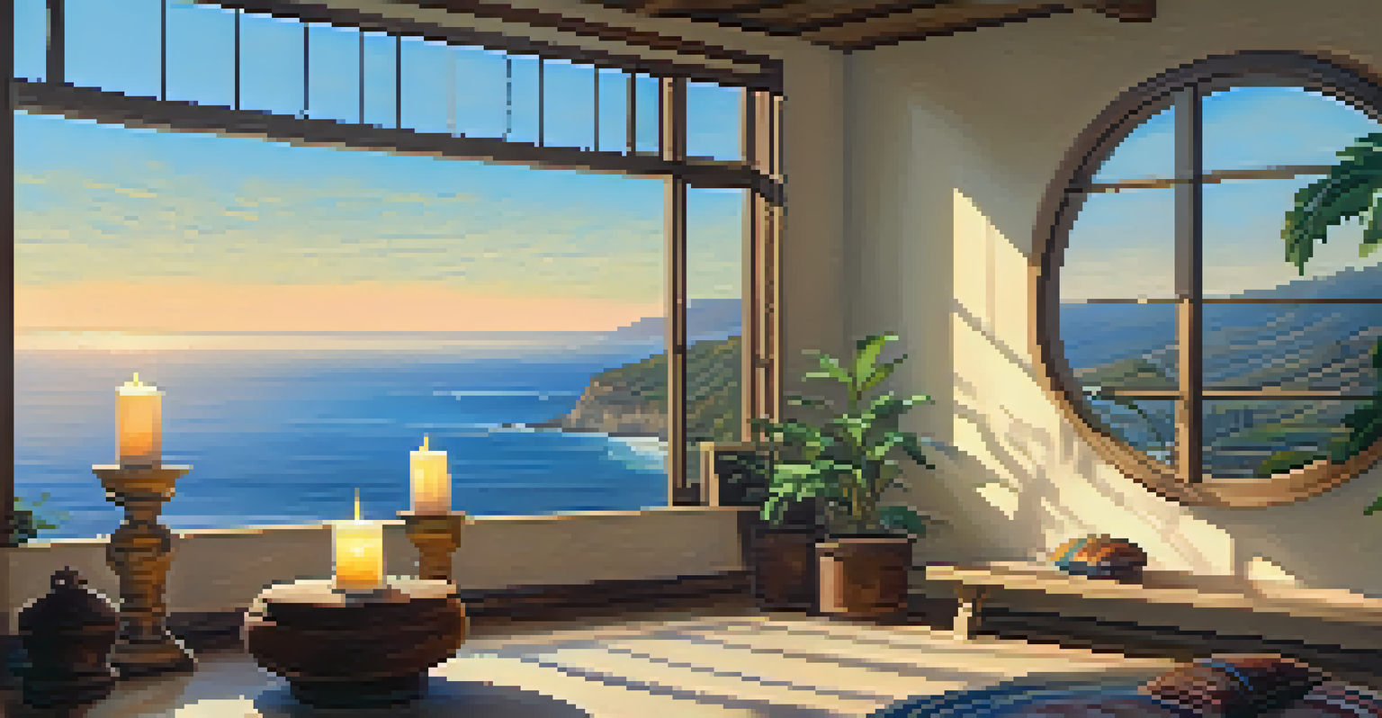 An indoor meditation space with cushions, candles, and a view of the Malibu coastline through a large window.